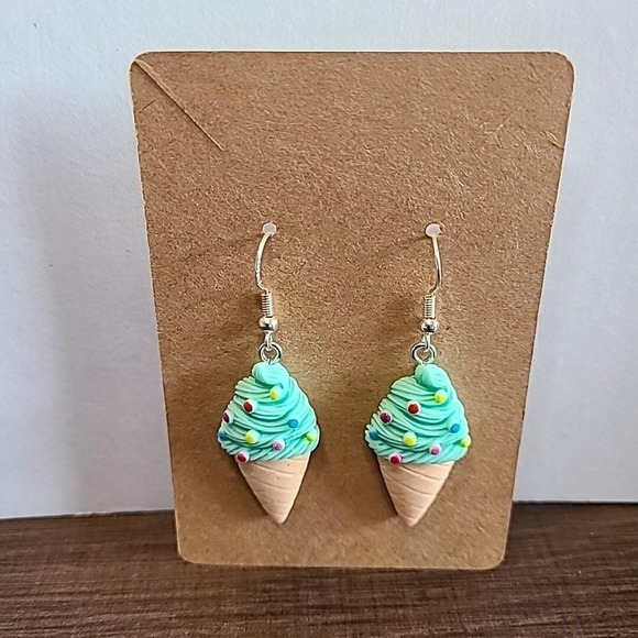 Handmade Jewelry - Mint with Sprinkles Ice Cream Cone Dangle Drop Earrings Handmade NWOT Fun Casual
